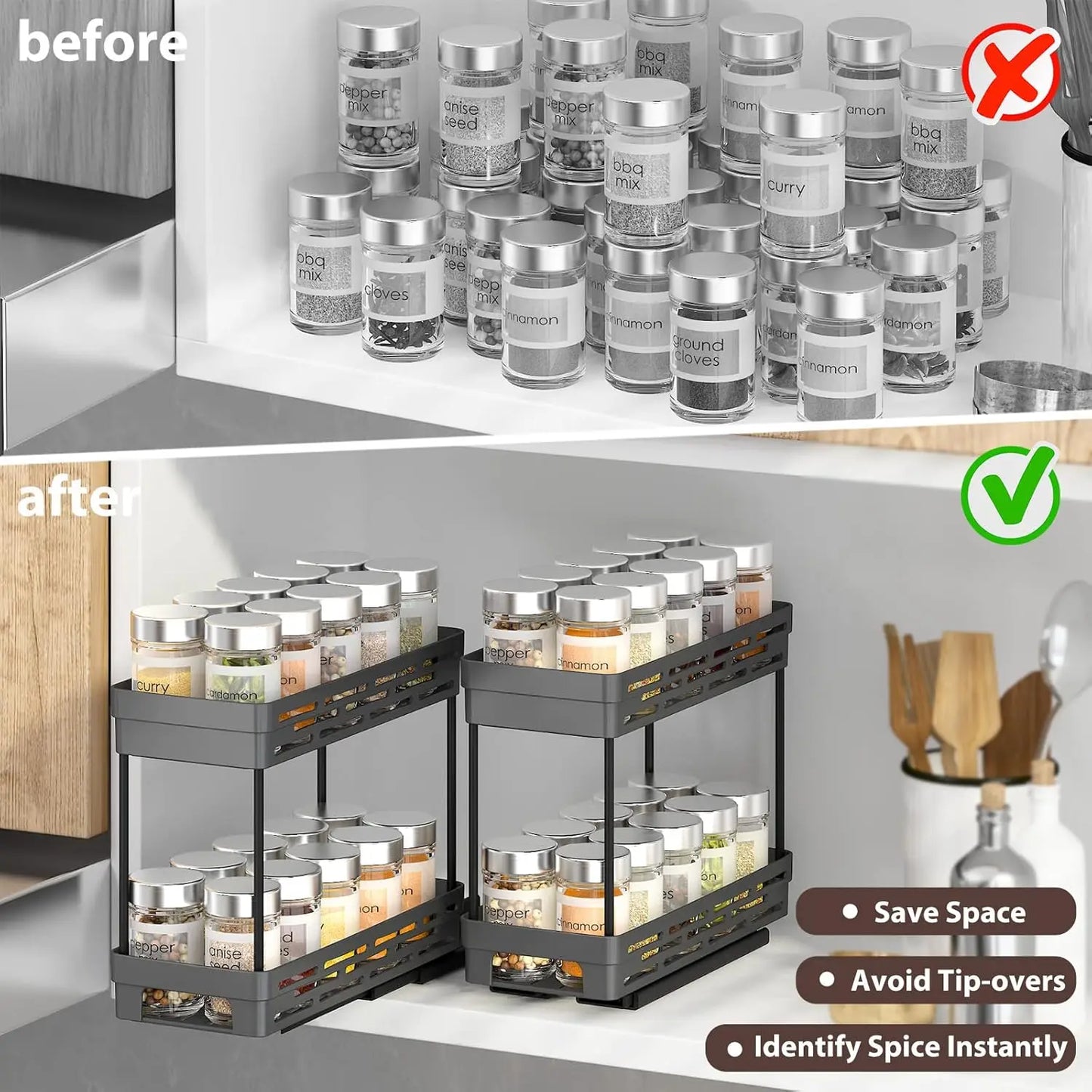 PantrySpice™ 2-Layer Pull-Out Spice Storage Rack